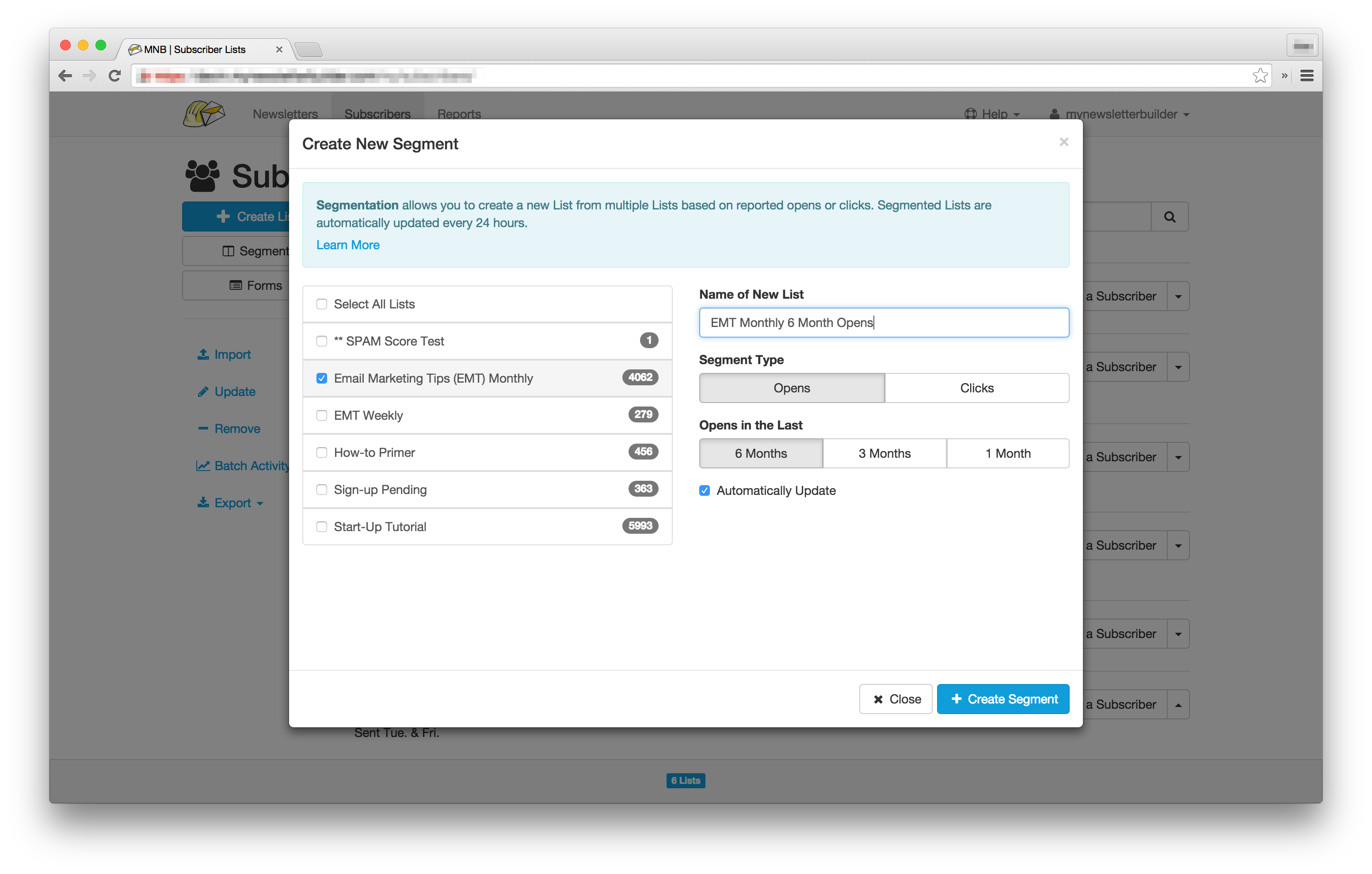 Segmentation management dialog
